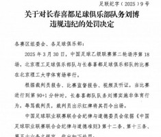体育赛事-中足联：长春喜都队务刘博辱骂裁判员，禁赛5场+罚款2.5万